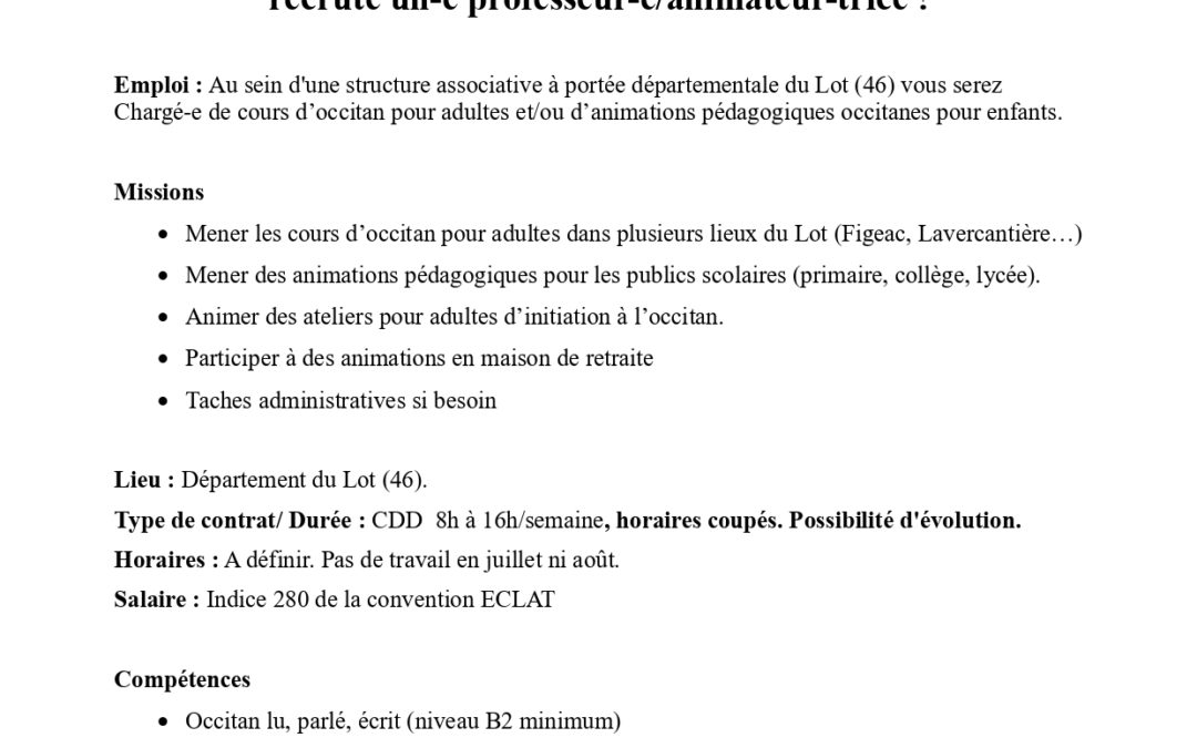 Offre d’Emploi Professeur-e/animateur-trice