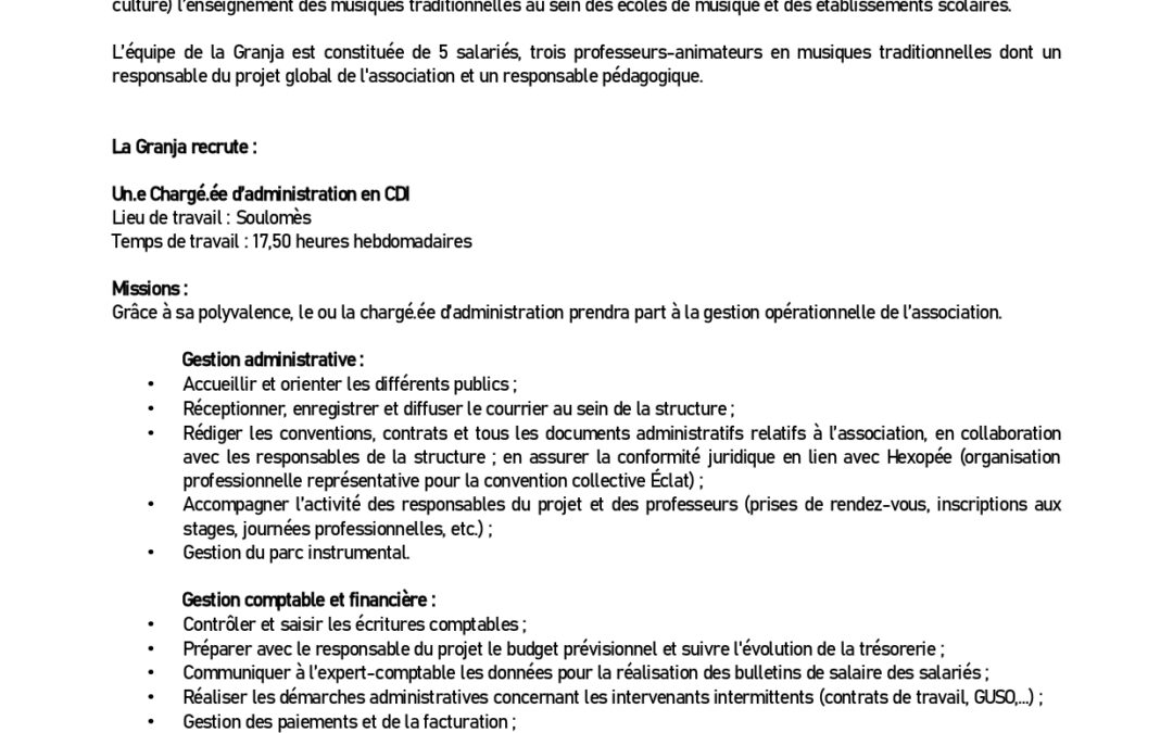 Offre d’emploi – chargé-e d&rsquo;administration