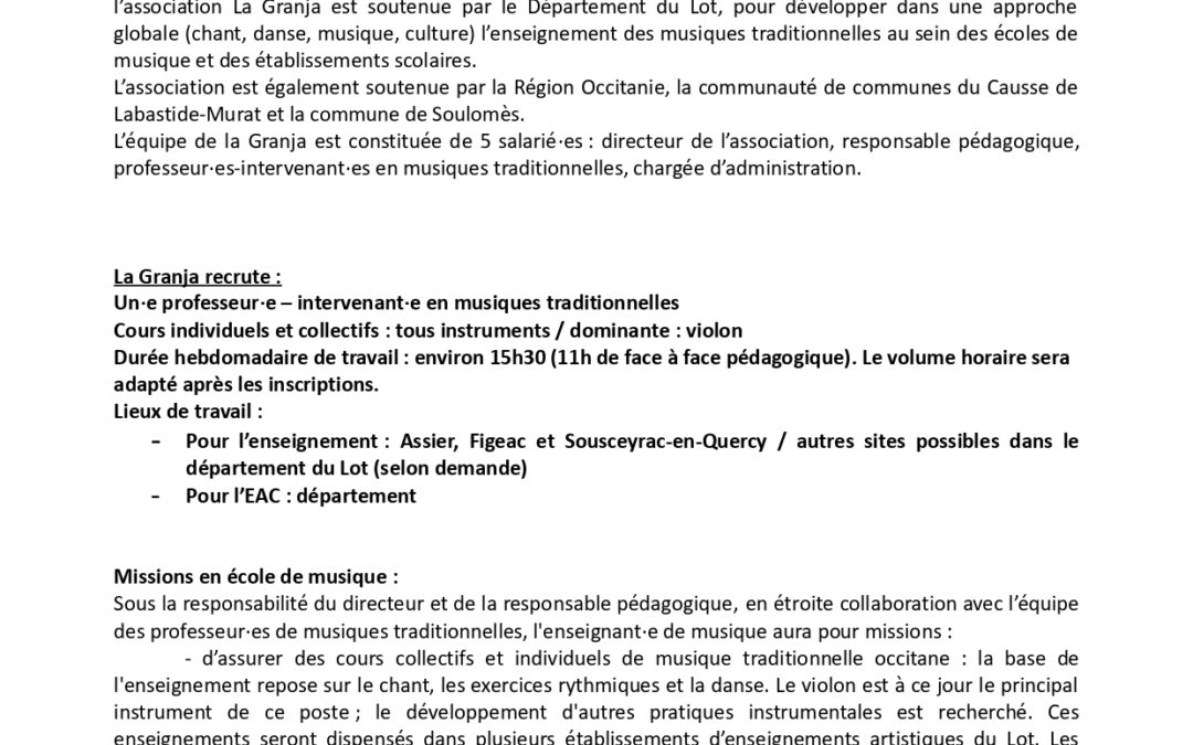 Offre d’emploi – Professeur-e de musique